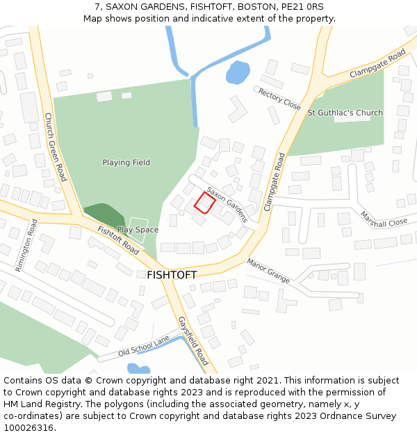 7, SAXON GARDENS, FISHTOFT, BOSTON, PE21 0RS: Location map and indicative extent of plot