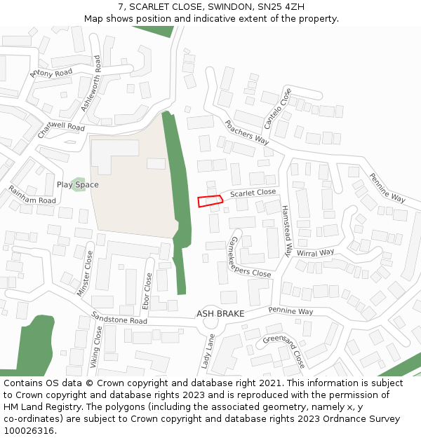 7, SCARLET CLOSE, SWINDON, SN25 4ZH: Location map and indicative extent of plot