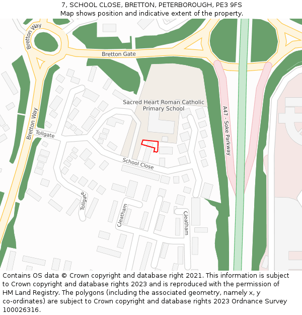 7, SCHOOL CLOSE, BRETTON, PETERBOROUGH, PE3 9FS: Location map and indicative extent of plot