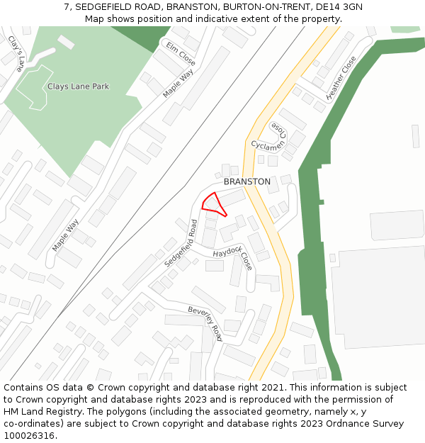 7, SEDGEFIELD ROAD, BRANSTON, BURTON-ON-TRENT, DE14 3GN: Location map and indicative extent of plot