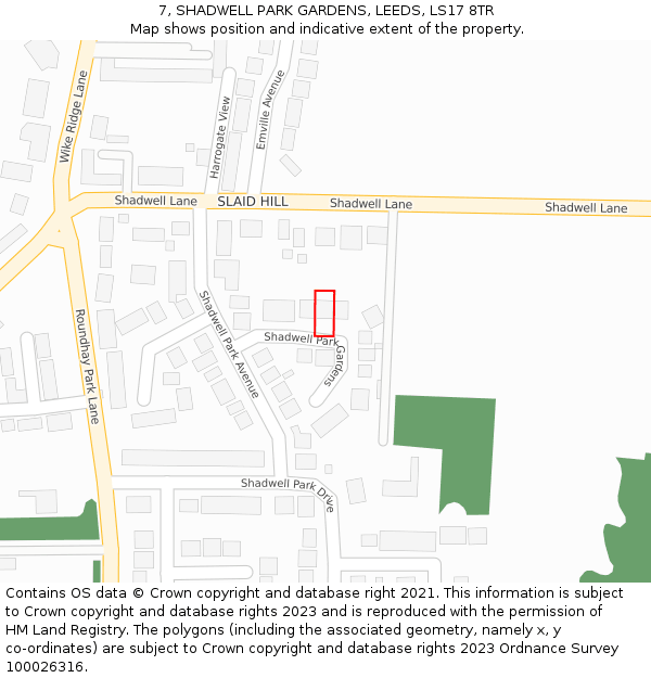 7, SHADWELL PARK GARDENS, LEEDS, LS17 8TR: Location map and indicative extent of plot