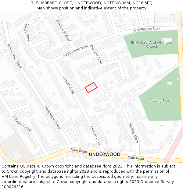 7, SHARRARD CLOSE, UNDERWOOD, NOTTINGHAM, NG16 5EQ: Location map and indicative extent of plot