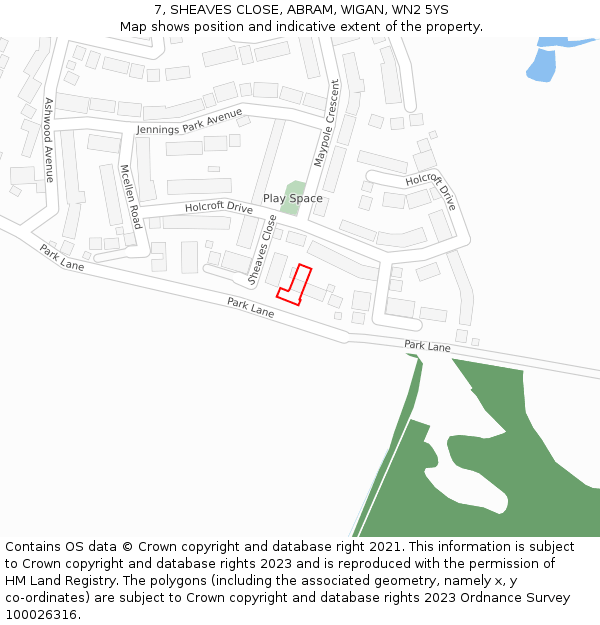 7, SHEAVES CLOSE, ABRAM, WIGAN, WN2 5YS: Location map and indicative extent of plot