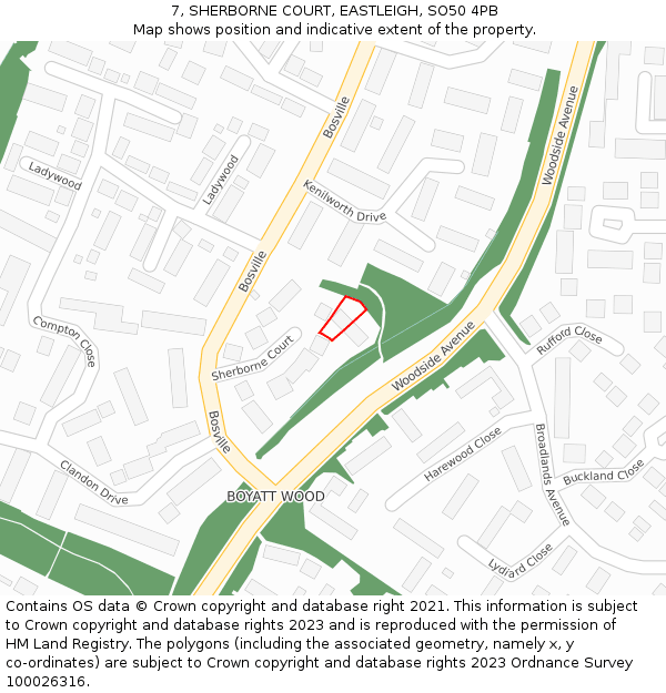 7, SHERBORNE COURT, EASTLEIGH, SO50 4PB: Location map and indicative extent of plot