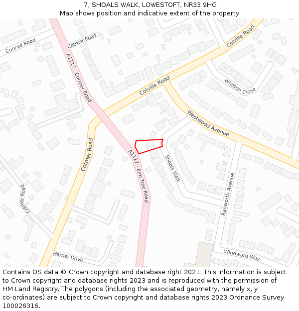 7, SHOALS WALK, LOWESTOFT, NR33 9HG: Location map and indicative extent of plot