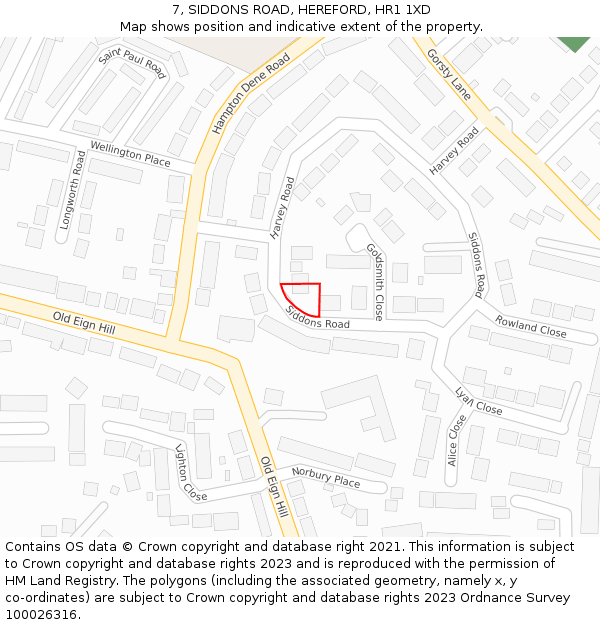 7, SIDDONS ROAD, HEREFORD, HR1 1XD: Location map and indicative extent of plot