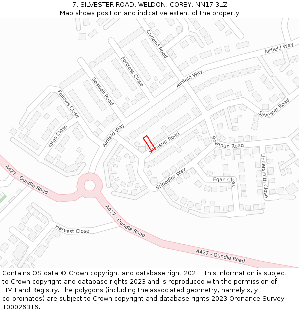 7, SILVESTER ROAD, WELDON, CORBY, NN17 3LZ: Location map and indicative extent of plot