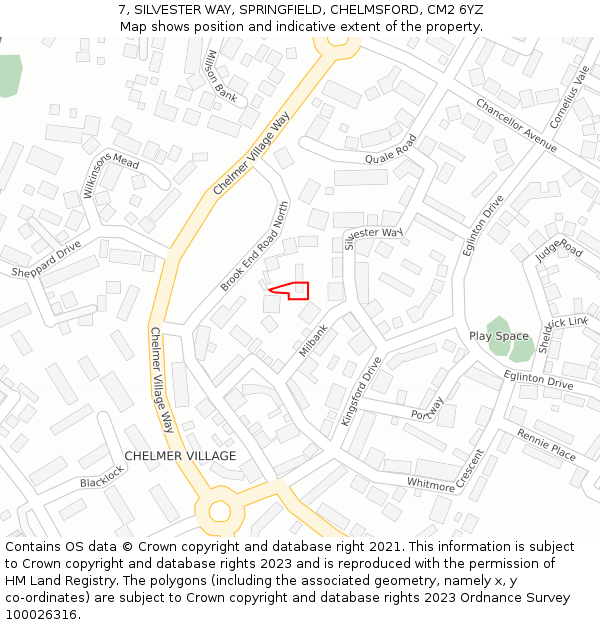7, SILVESTER WAY, SPRINGFIELD, CHELMSFORD, CM2 6YZ: Location map and indicative extent of plot