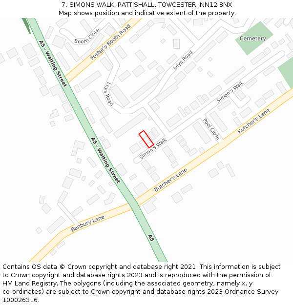 7, SIMONS WALK, PATTISHALL, TOWCESTER, NN12 8NX: Location map and indicative extent of plot