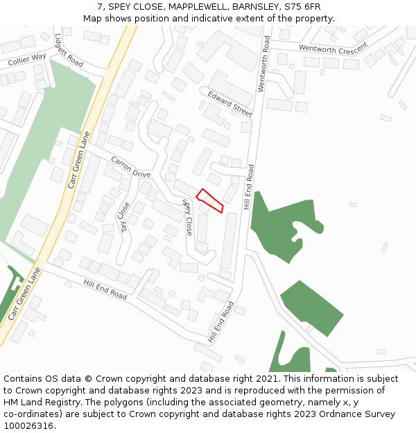 7, SPEY CLOSE, MAPPLEWELL, BARNSLEY, S75 6FR: Location map and indicative extent of plot