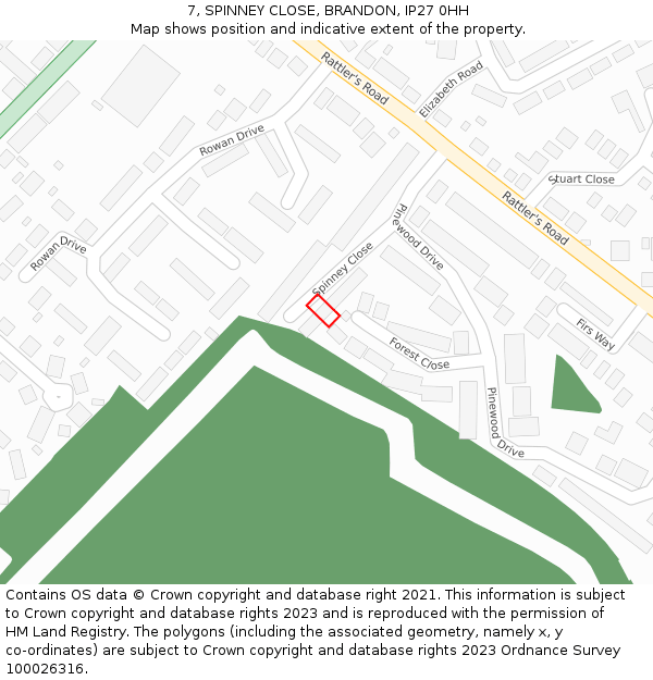 7, SPINNEY CLOSE, BRANDON, IP27 0HH: Location map and indicative extent of plot