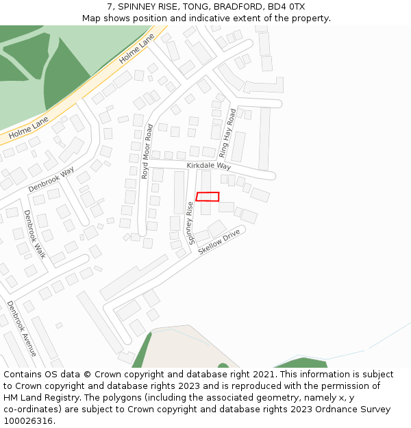 7, SPINNEY RISE, TONG, BRADFORD, BD4 0TX: Location map and indicative extent of plot