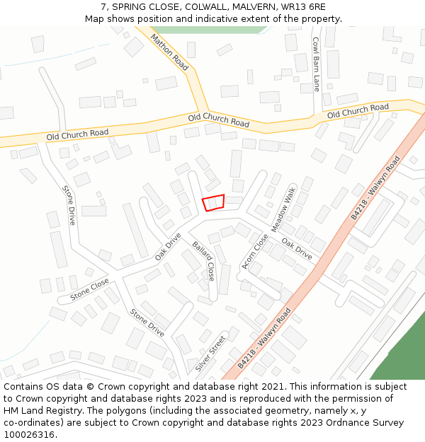 7, SPRING CLOSE, COLWALL, MALVERN, WR13 6RE: Location map and indicative extent of plot
