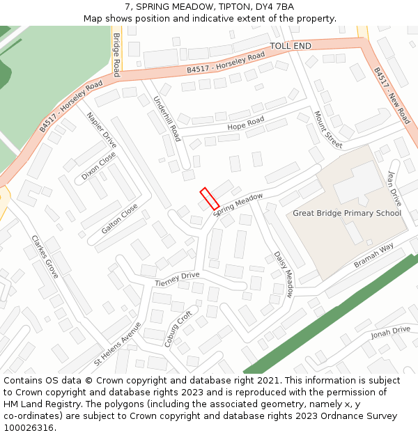 7, SPRING MEADOW, TIPTON, DY4 7BA: Location map and indicative extent of plot
