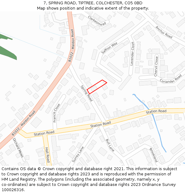 7, SPRING ROAD, TIPTREE, COLCHESTER, CO5 0BD: Location map and indicative extent of plot