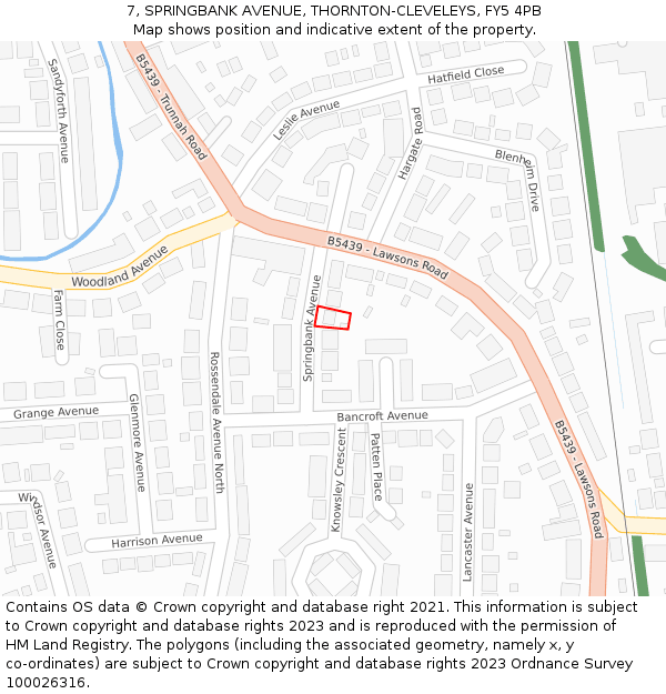 7, SPRINGBANK AVENUE, THORNTON-CLEVELEYS, FY5 4PB: Location map and indicative extent of plot