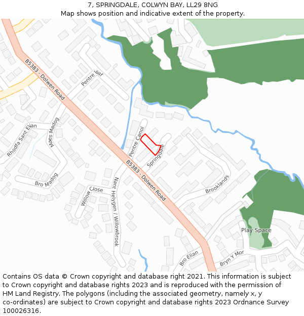 7, SPRINGDALE, COLWYN BAY, LL29 8NG: Location map and indicative extent of plot