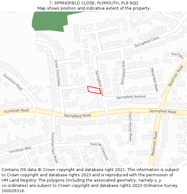 7, SPRINGFIELD CLOSE, PLYMOUTH, PL9 8QD: Location map and indicative extent of plot