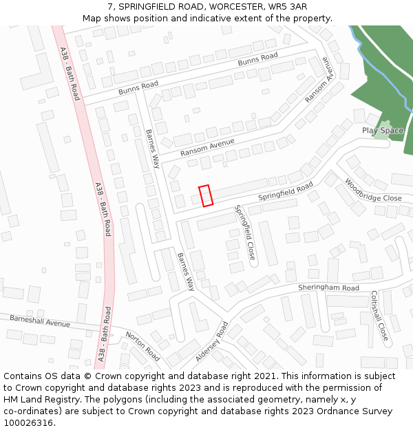 7, SPRINGFIELD ROAD, WORCESTER, WR5 3AR: Location map and indicative extent of plot