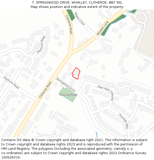 7, SPRINGWOOD DRIVE, WHALLEY, CLITHEROE, BB7 9XL: Location map and indicative extent of plot
