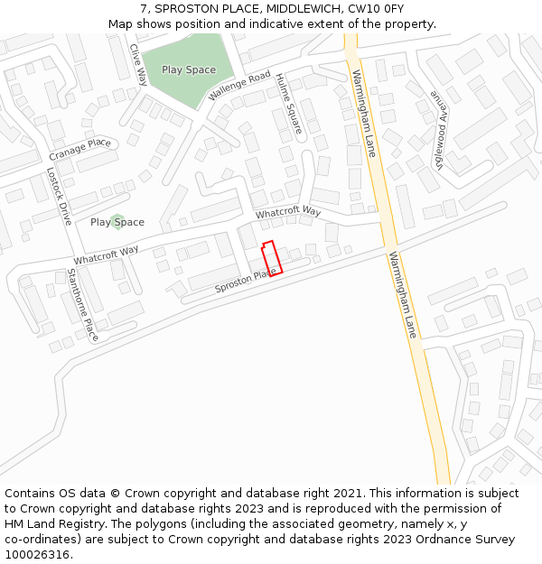 7, SPROSTON PLACE, MIDDLEWICH, CW10 0FY: Location map and indicative extent of plot
