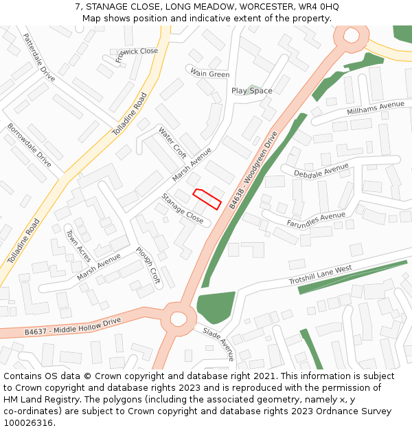 7, STANAGE CLOSE, LONG MEADOW, WORCESTER, WR4 0HQ: Location map and indicative extent of plot
