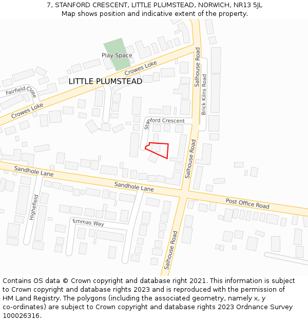 7, STANFORD CRESCENT, LITTLE PLUMSTEAD, NORWICH, NR13 5JL: Location map and indicative extent of plot