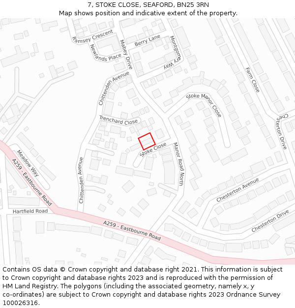 7, STOKE CLOSE, SEAFORD, BN25 3RN: Location map and indicative extent of plot