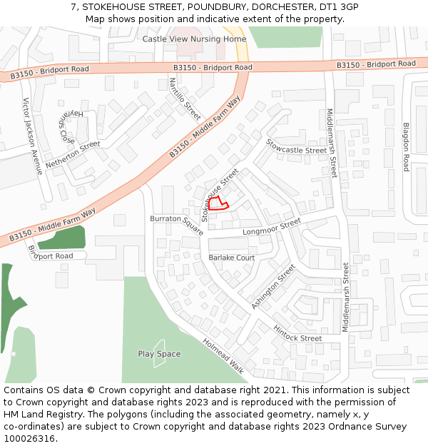 7, STOKEHOUSE STREET, POUNDBURY, DORCHESTER, DT1 3GP: Location map and indicative extent of plot