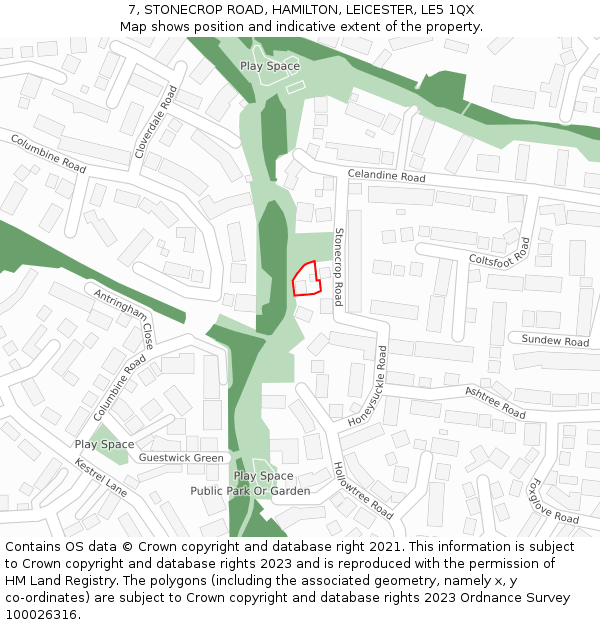 7, STONECROP ROAD, HAMILTON, LEICESTER, LE5 1QX: Location map and indicative extent of plot