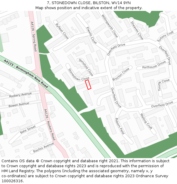 7, STONEDOWN CLOSE, BILSTON, WV14 9YN: Location map and indicative extent of plot