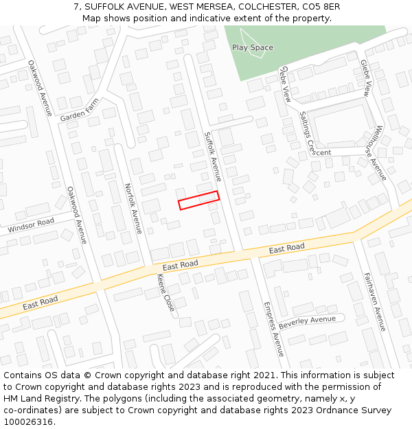 7, SUFFOLK AVENUE, WEST MERSEA, COLCHESTER, CO5 8ER: Location map and indicative extent of plot