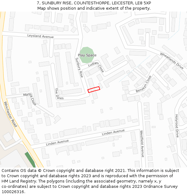 7, SUNBURY RISE, COUNTESTHORPE, LEICESTER, LE8 5XP: Location map and indicative extent of plot