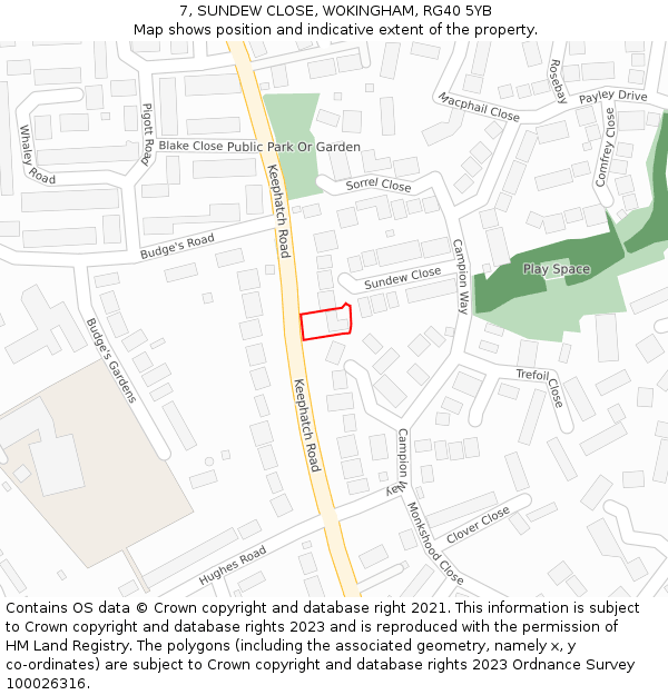 7, SUNDEW CLOSE, WOKINGHAM, RG40 5YB: Location map and indicative extent of plot