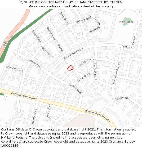7, SUNSHINE CORNER AVENUE, AYLESHAM, CANTERBURY, CT3 3EN: Location map and indicative extent of plot