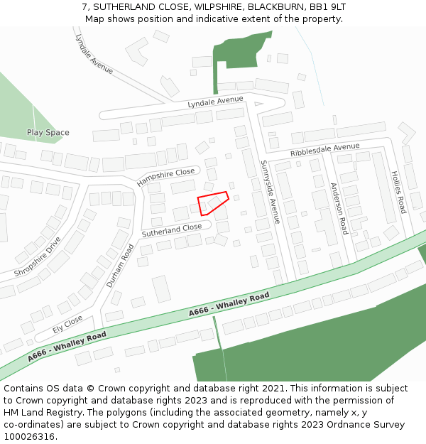 7, SUTHERLAND CLOSE, WILPSHIRE, BLACKBURN, BB1 9LT: Location map and indicative extent of plot