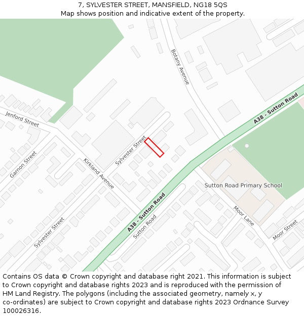7, SYLVESTER STREET, MANSFIELD, NG18 5QS: Location map and indicative extent of plot