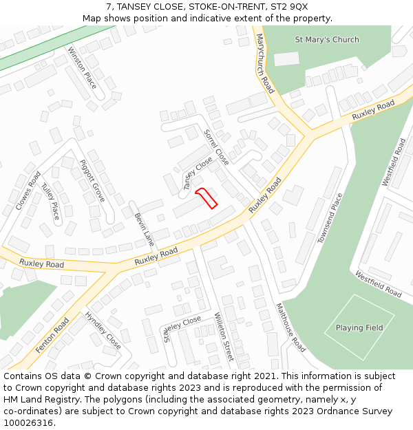 7, TANSEY CLOSE, STOKE-ON-TRENT, ST2 9QX: Location map and indicative extent of plot