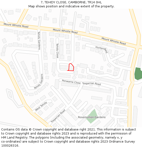 7, TEHIDY CLOSE, CAMBORNE, TR14 0HL: Location map and indicative extent of plot
