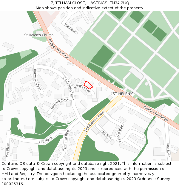 7, TELHAM CLOSE, HASTINGS, TN34 2UQ: Location map and indicative extent of plot