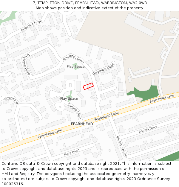 7, TEMPLETON DRIVE, FEARNHEAD, WARRINGTON, WA2 0WR: Location map and indicative extent of plot