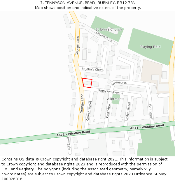 7, TENNYSON AVENUE, READ, BURNLEY, BB12 7RN: Location map and indicative extent of plot