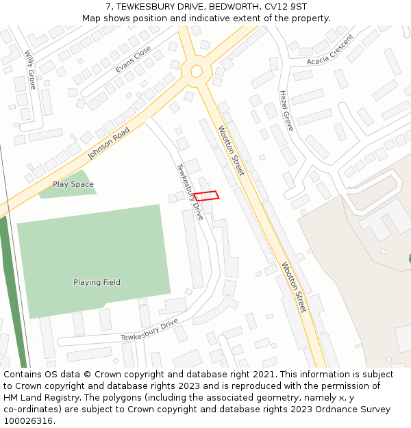 7, TEWKESBURY DRIVE, BEDWORTH, CV12 9ST: Location map and indicative extent of plot