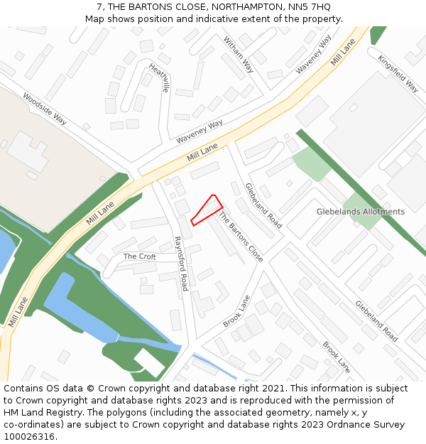 7, THE BARTONS CLOSE, NORTHAMPTON, NN5 7HQ: Location map and indicative extent of plot