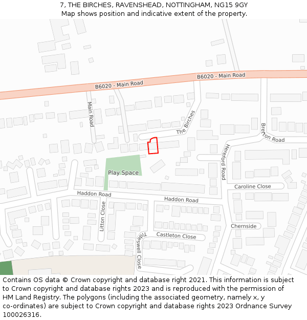 7, THE BIRCHES, RAVENSHEAD, NOTTINGHAM, NG15 9GY: Location map and indicative extent of plot
