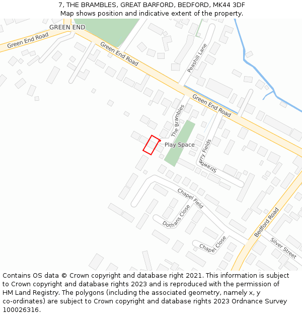 7, THE BRAMBLES, GREAT BARFORD, BEDFORD, MK44 3DF: Location map and indicative extent of plot