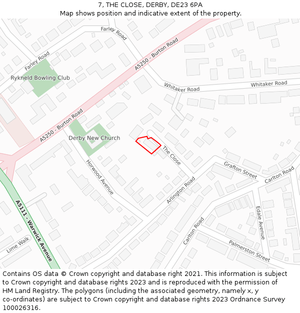 7, THE CLOSE, DERBY, DE23 6PA: Location map and indicative extent of plot
