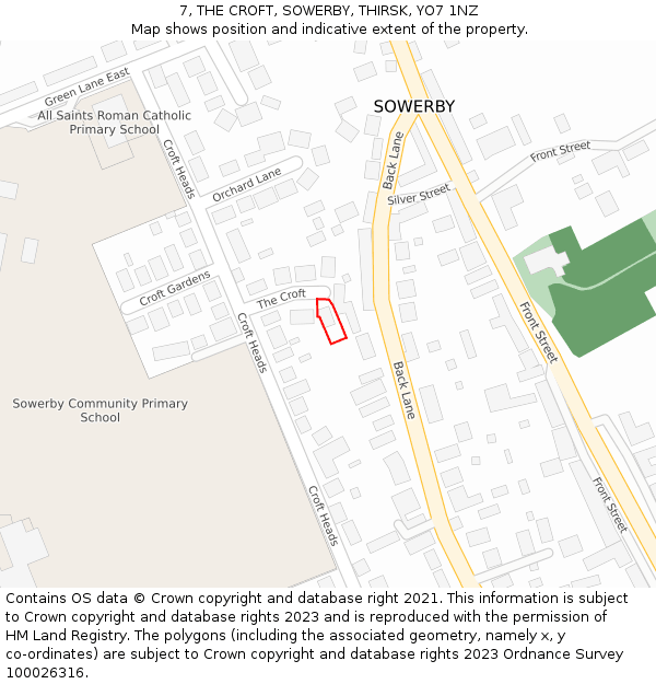 7, THE CROFT, SOWERBY, THIRSK, YO7 1NZ: Location map and indicative extent of plot