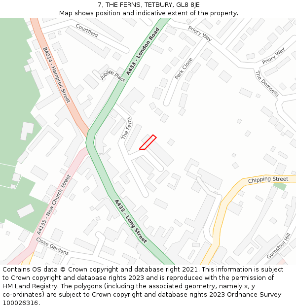 7, THE FERNS, TETBURY, GL8 8JE: Location map and indicative extent of plot