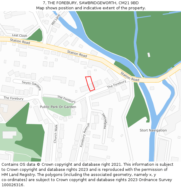 7, THE FOREBURY, SAWBRIDGEWORTH, CM21 9BD: Location map and indicative extent of plot